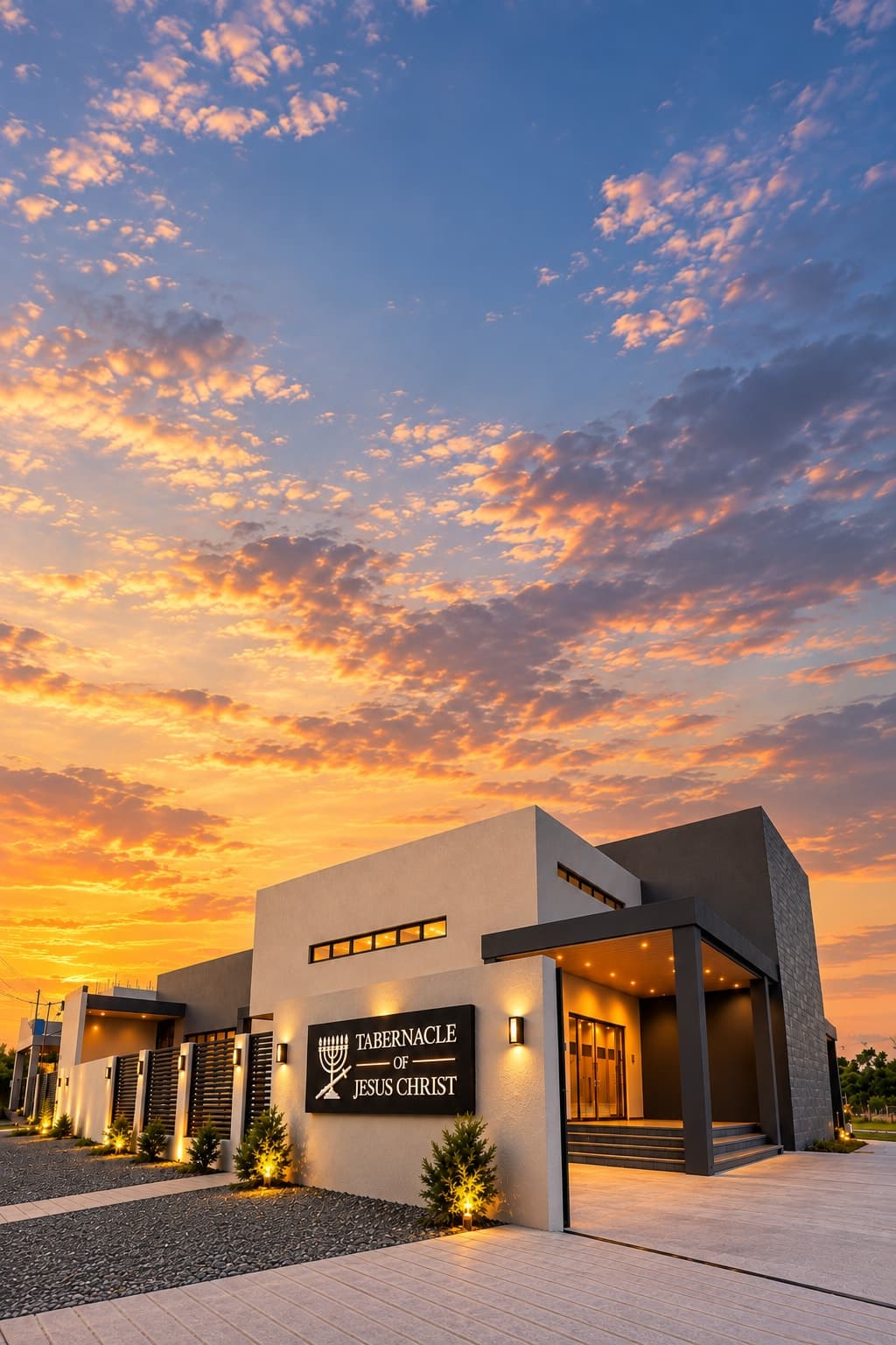 Tabernacle of Jesus Christ church building at sunset